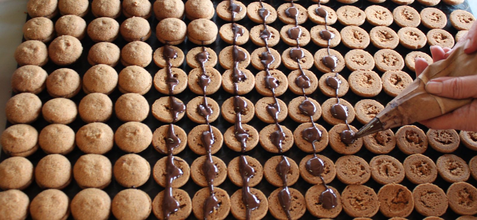 Farcitura a mano dei Baci di dama con cioccolato fondente